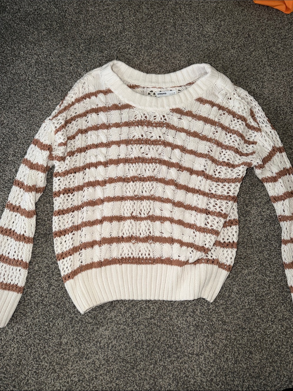 Open-Knit Crewneck Sweater in Cream and Brown Stripe
